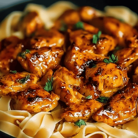 Chicken and noodles on a plate.