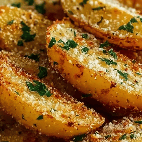 Zoomed in on a golden potato wedge covered in herbs and seasoning.