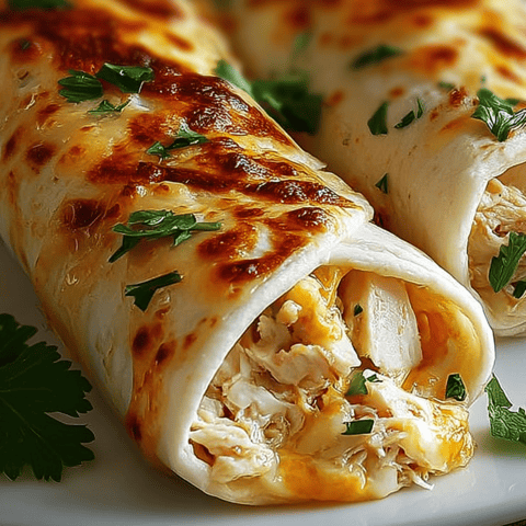 A plate with two tasty chicken wraps.