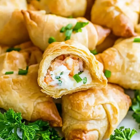 Pastries with crab filling on a plate and a pop of green veggie.