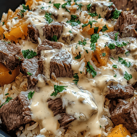 Pile of rice and steak on a plate, ready to dig in.