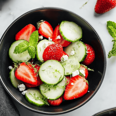 Bowl piled with strawberries, cucumber slices, and fresh mint.