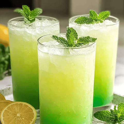 Three glasses holding vibrant green and yellow drinks.