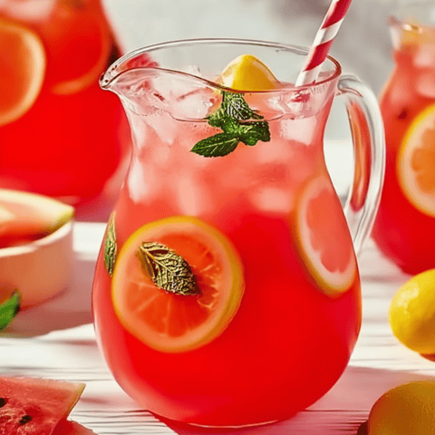 Pitcher filled with pink lemonade and a wedge of lemon balancing inside.
