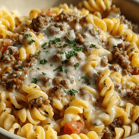 A bowl of pasta with meat and tomatoes.