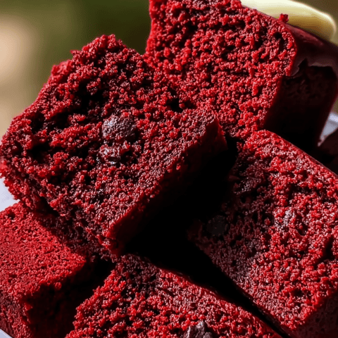 Red velvet cake topped with fluffy white icing.