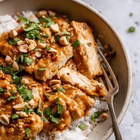 Chicken and rice filling a cozy bowl.