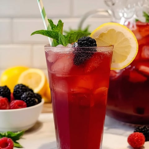 A bright red drink in a glass with lemon and fresh berries nearby.
