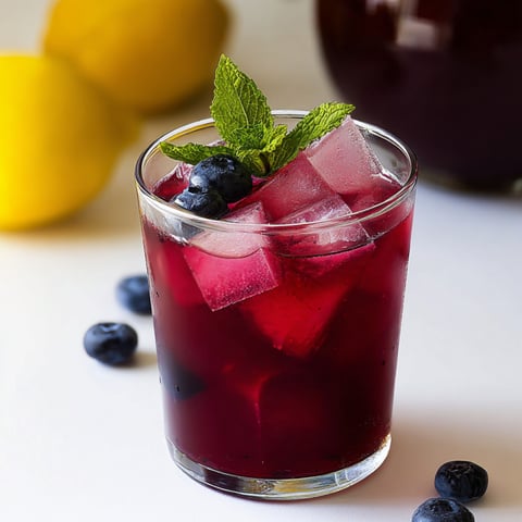 Glass filled with blueberry lemonade, topped with a lemon wedge.