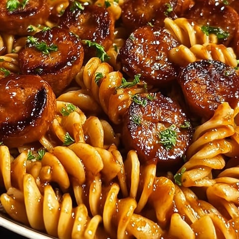 Pasta covered with sauce and sausage on a plate.