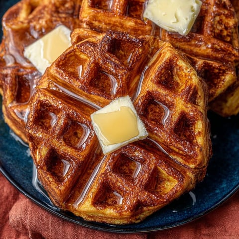 Two waffles topped with a pat of butter.