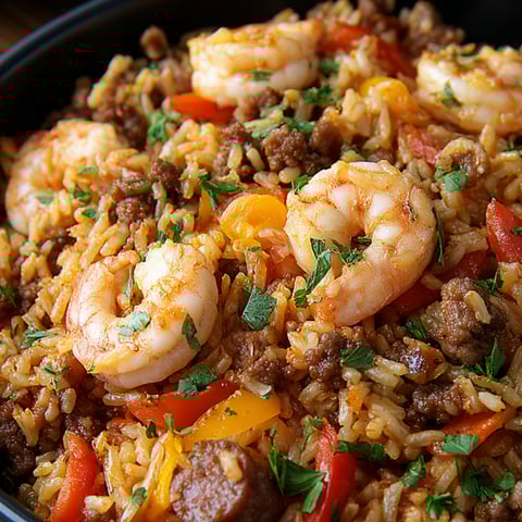A bowl filled with shrimp and rice mixture.