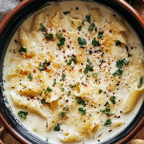 A bowl piled with cheesy pasta and herbs.