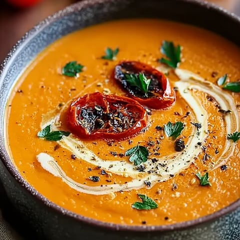 Soup topped with tomatoes and fresh herbs in a bowl.