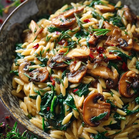 A bowl of pasta with mushrooms and spinach.