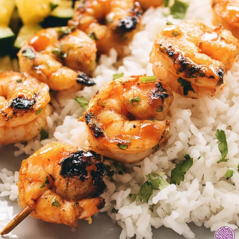 Shrimp and rice stacked up on a plate.