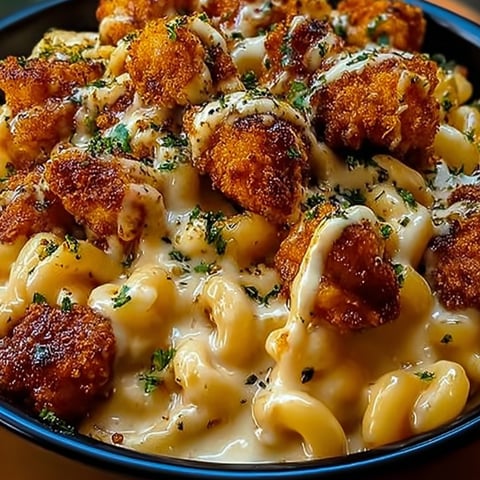 A bowl of cheesy pasta with crunchy fried chicken on top.
