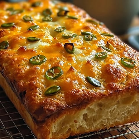 A golden loaf with jalapenos sprinkled on top.