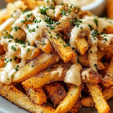 A plate of french fries with cheese.