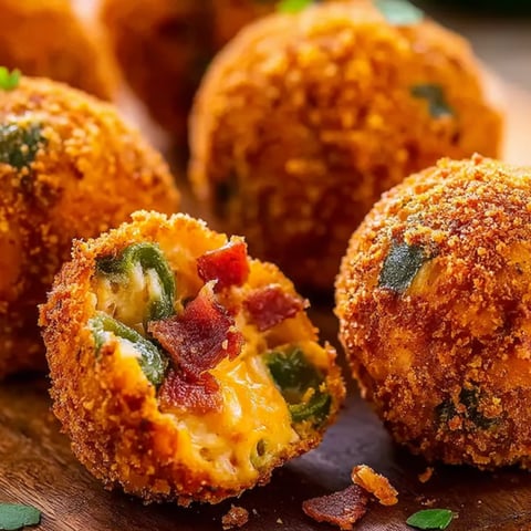 Bacon and cheese stuffed balls on a wooden table.