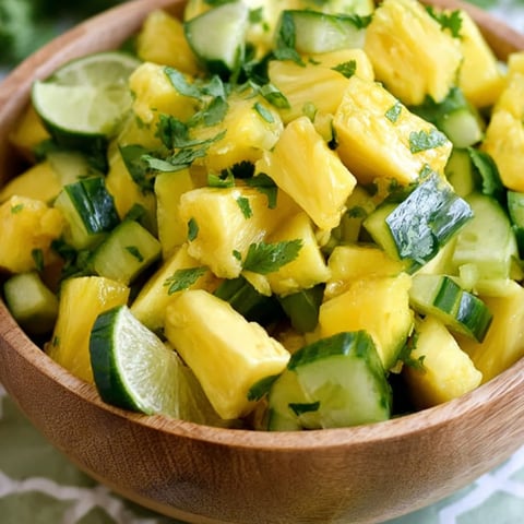 A bowl of fruit with lime, pineapple, and cucumber.