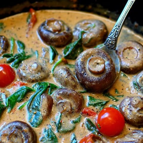 A spoon in a bowl of mushrooms and tomatoes.