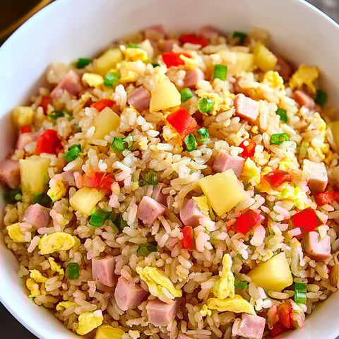A bowl of rice with ham and pineapple.