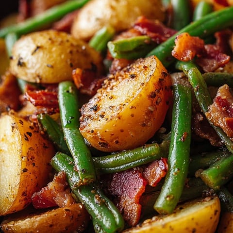 A plate of food with bacon, potatoes, and green beans.