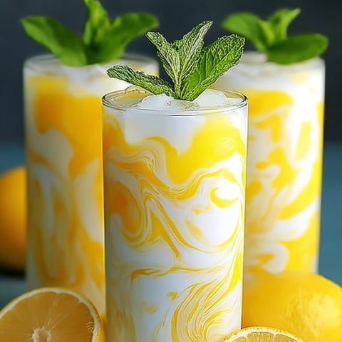 A glass of lemonade with a lemon slice on top.