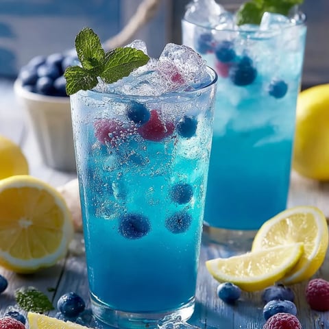 A glass of blue lemonade with blueberries and mint.