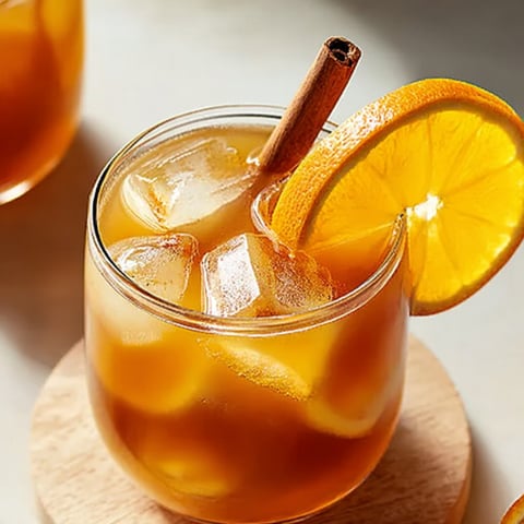 A glass of tea with a cinnamon stick in it.