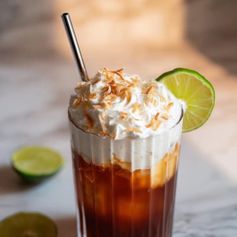 A glass of coconut milk with a lime wedge.