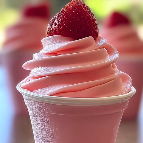 A pink frosted cupcake with a strawberry on top.