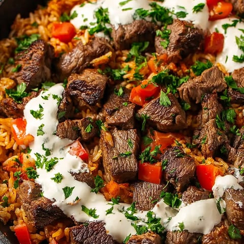 A plate of meat and rice with white sauce.
