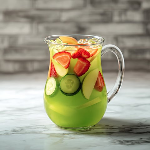 A glass of fruit juice with a slice of cucumber in it.