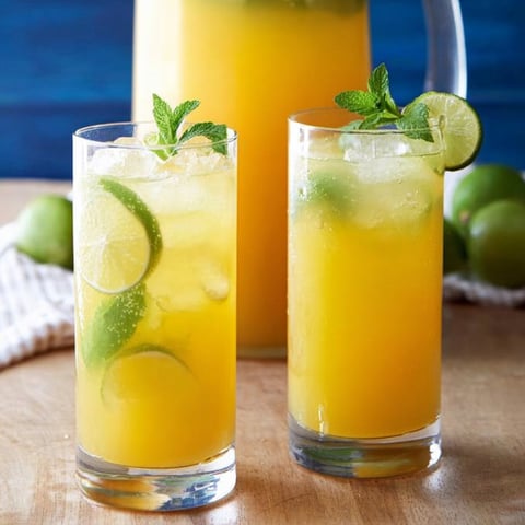 Two glasses of orange juice on a table.