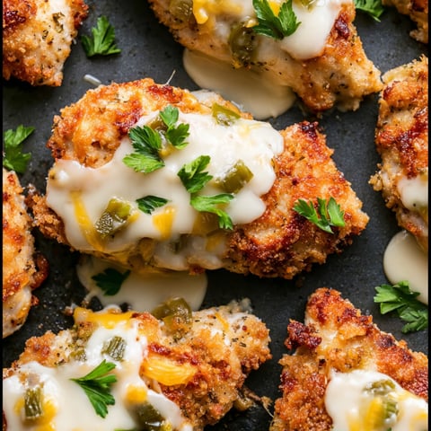 Chicken with sauce and green peppers.