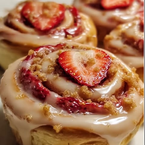 A pastry with strawberries and powdered sugar.