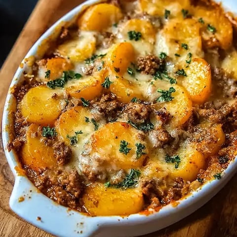 A white bowl with a casserole in it.