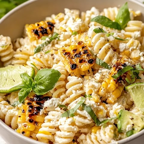 A bowl of pasta with corn and cheese.