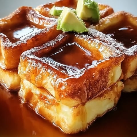 A stack of waffles with syrup.