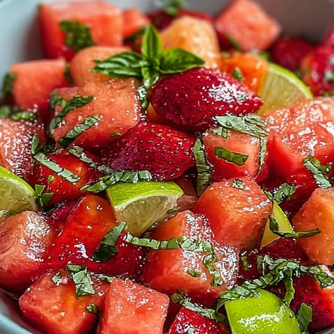 A bowl of fruit with watermelon, strawberries, and limes.