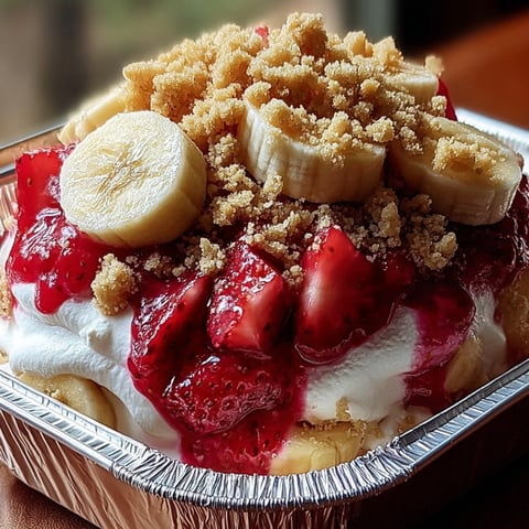 A dessert with bananas, strawberries and whipped cream.
