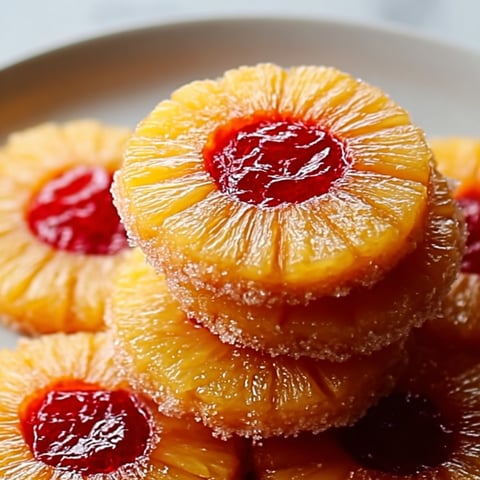 A stack of pineapple donuts with red jelly.