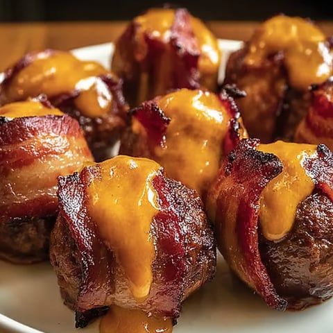 Bacon wrapped meatballs with a brown sauce.
