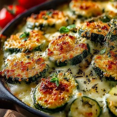 Cheesy zucchini casserole in a dish, hot and ready to eat.