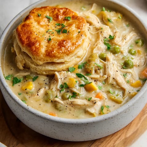 A cozy bowl of creamy chicken and veggies topped with a warm biscuit.