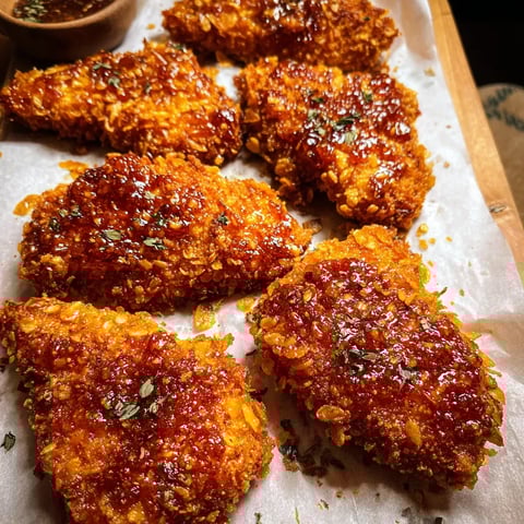 Plate with golden breaded chicken and drizzled sauce.