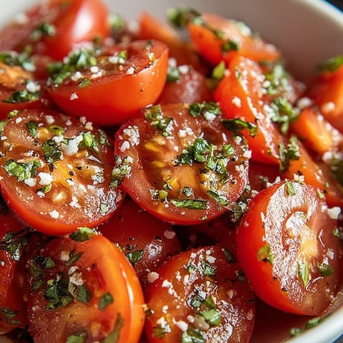 A bowl of tomatoes with herbs.