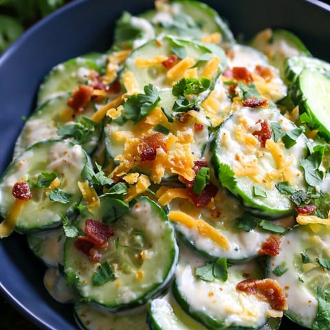 A bowl of sliced cucumbers with cheese and bacon.